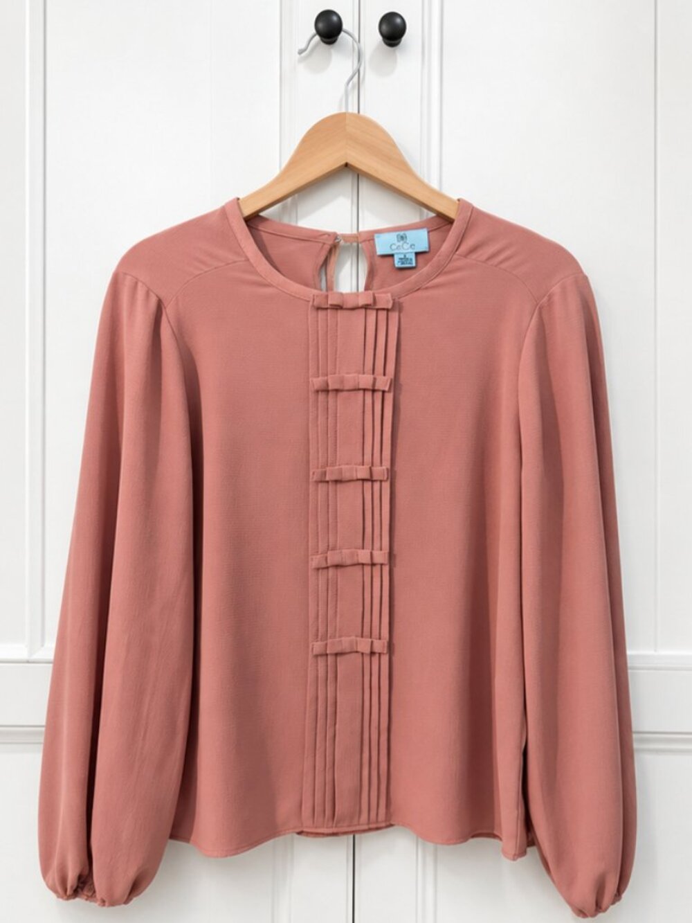 CeCe Dusty Rose Pintuck Blouse Size Medium Long Sleeve Balloon Sleeve Top
